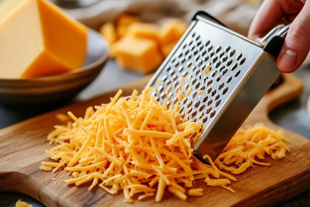 Freshly shredded cheese being prepared with a box grater on a cutting board.