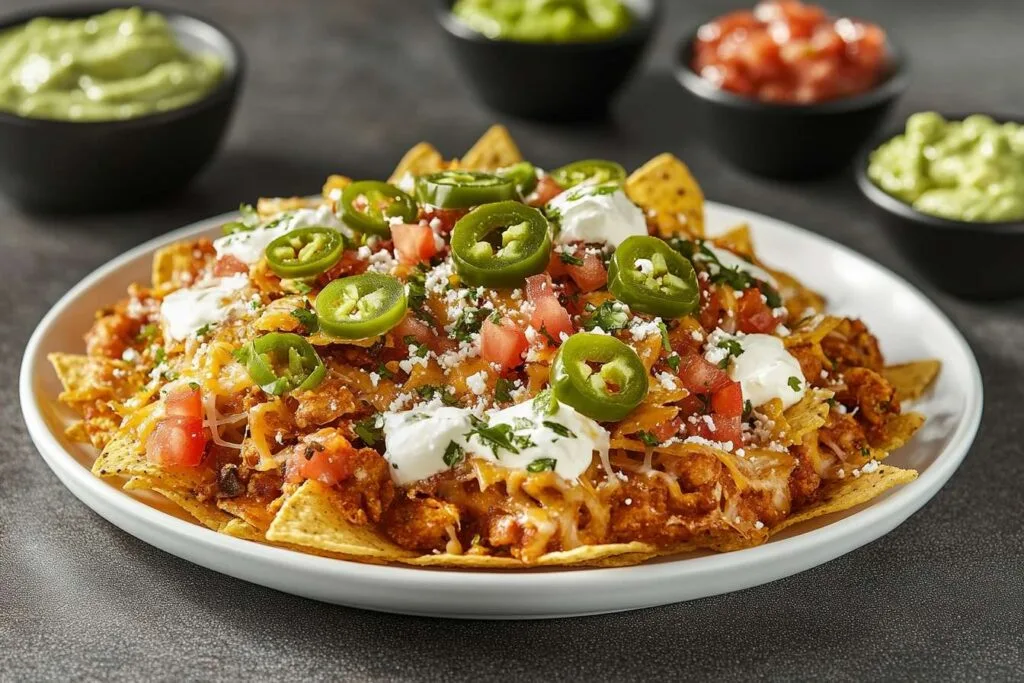 Loaded nachos with shredded cheese, jalapeños, and salsa.
