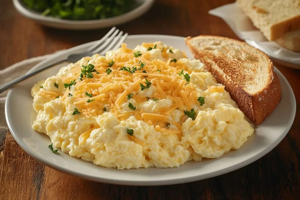 Scrambled eggs topped with shredded cheddar and parsley on a white plate.