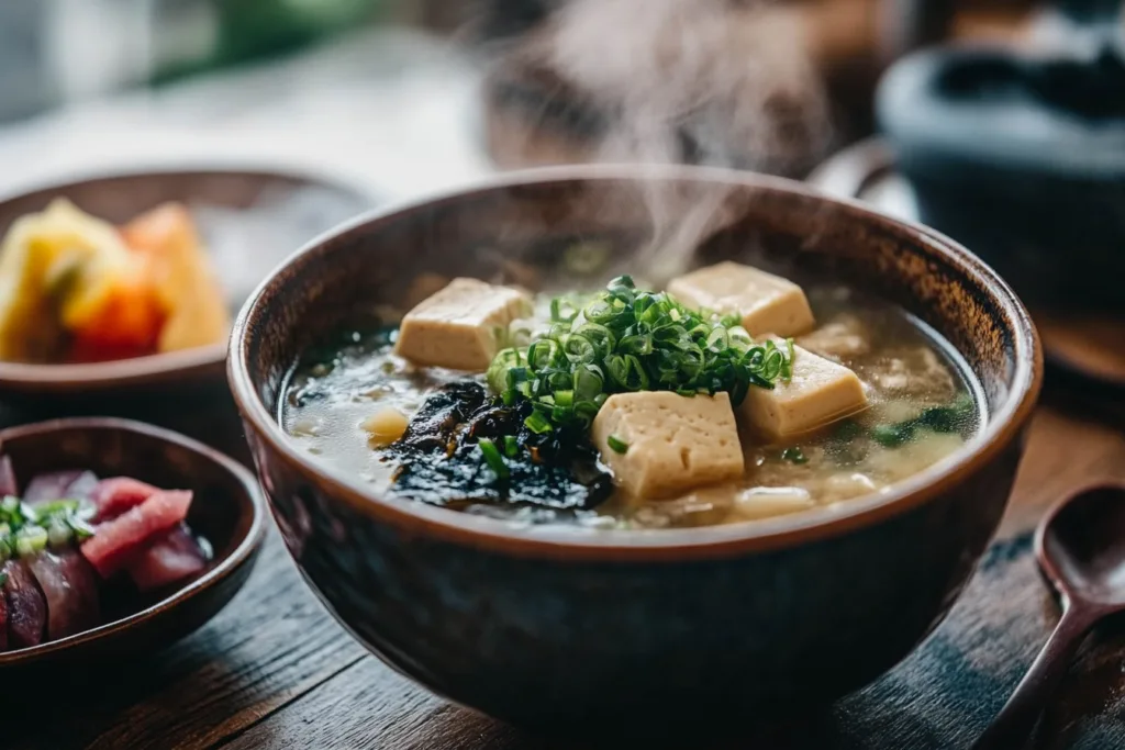 A traditional Japanese breakfast with miso soup and pickled vegetables.