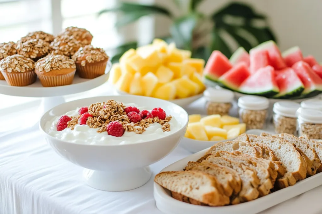 A buffet-style breakfast spread with various sides like fruits, muffins, and yogurt bowls.