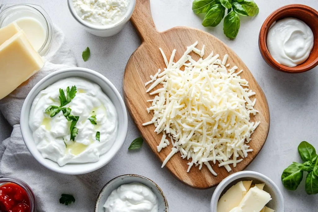 Low-fat cheeses and ingredients for making Buffalo chicken dip displayed on a kitchen countertop.