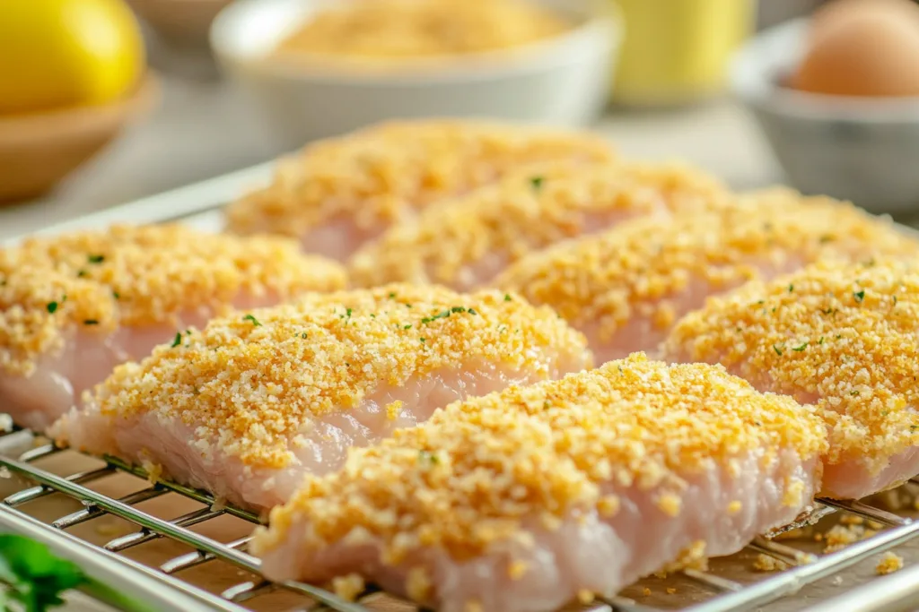 Sliced chicken breasts coated in breadcrumbs, ready to bake.