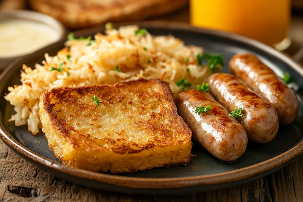 A breakfast plate with golden hash browns, buttered toast, and sausages.