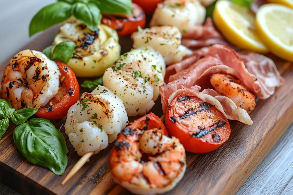 Caprese skewers with added shrimp and prosciutto variations arranged on a platter.