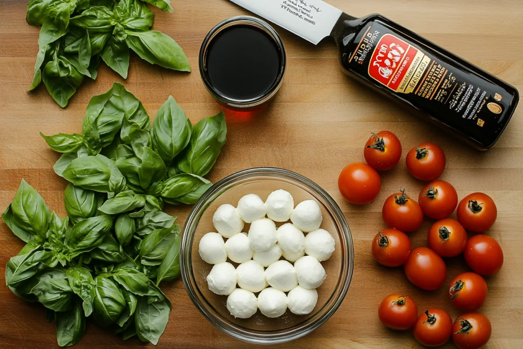 Ingredients for Caprese skewers: mozzarella balls, cherry tomatoes, fresh basil, and balsamic glaze on a wooden countertop.