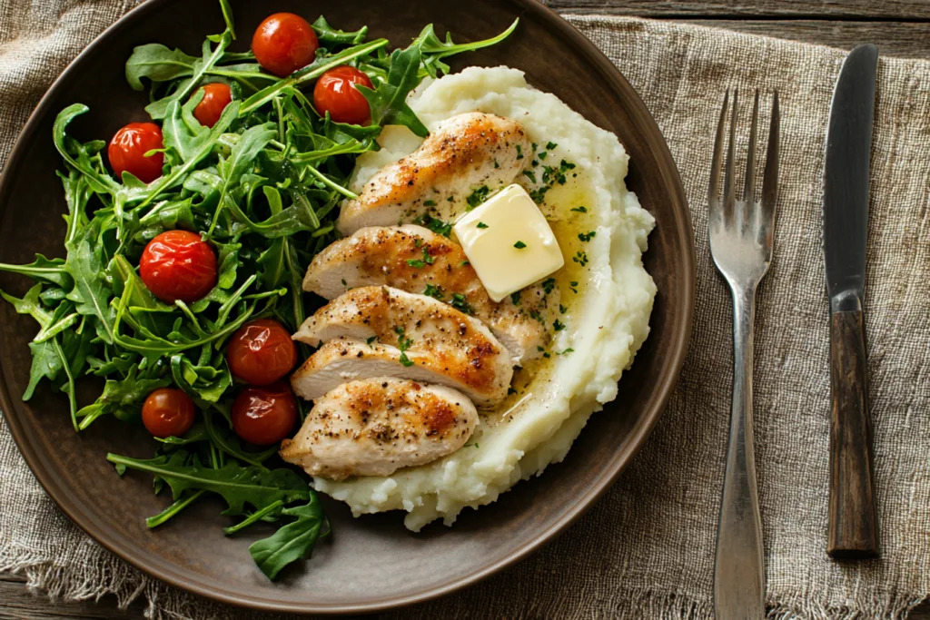 Baked chicken cutlets served with mashed potatoes and salad.