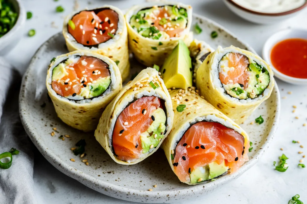 Tortilla-wrapped breakfast sushi rolls with eggs, avocado, and smoked salmon.