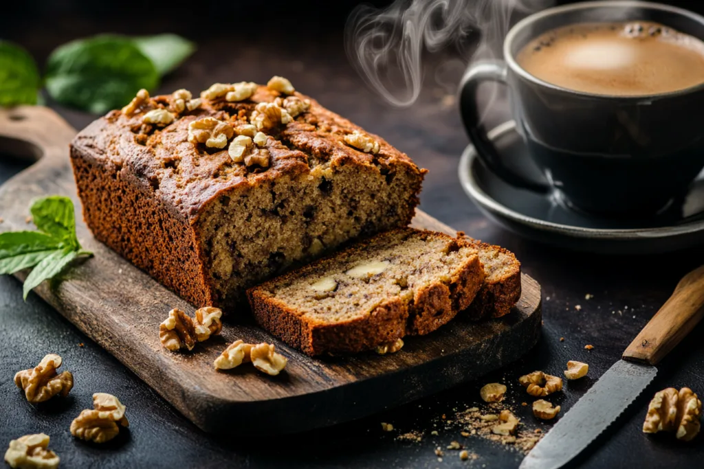 Freshly baked banana bread slices on a wooden cutting board.
