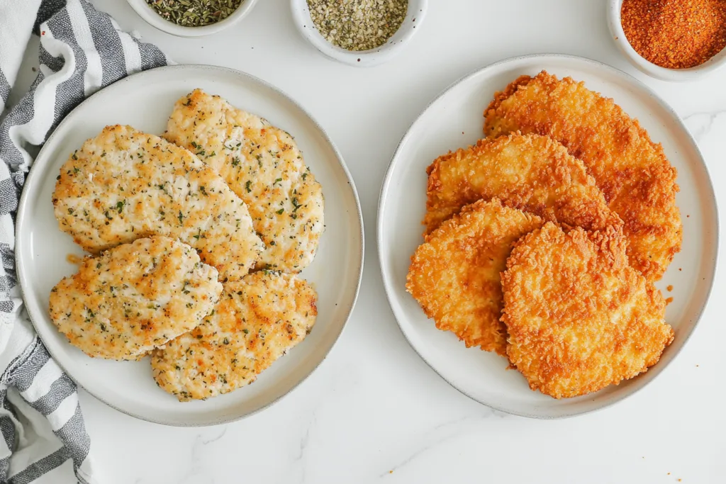 Soggy vs. crispy chicken cutlets comparison.