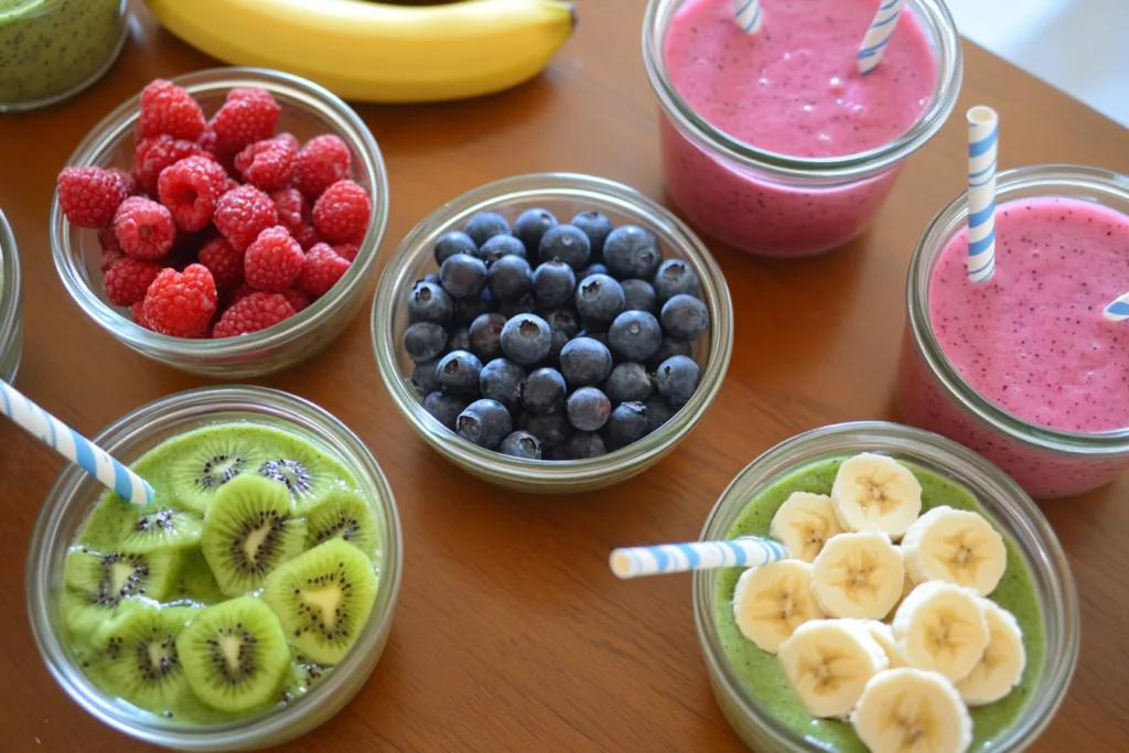 A colorful spread of fresh fruits and smoothies in glass jars.