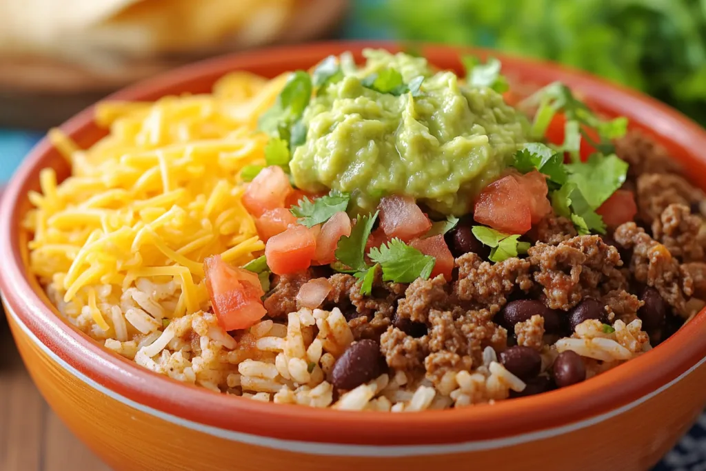A deconstructed burrito bowl made from frozen burritos, with rice, beans, and toppings.