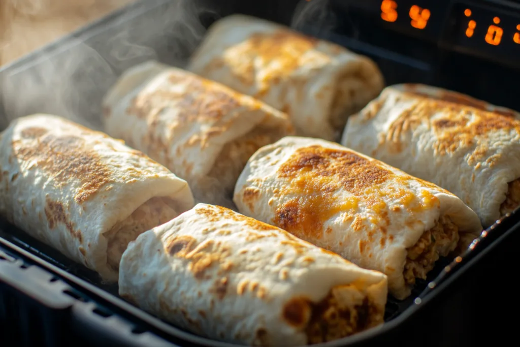 Frozen burritos cooking in an air fryer, with a crispy golden exterior.