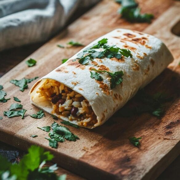 A beautifully rolled burrito filled with rice, beans, and melted cheese, served on a wooden cutting board